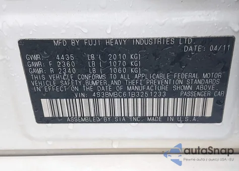 2011 Subaru Legacy 2.5I Premium z USA, uszkodzony, nr VIN 4S3BMBC61B3251233